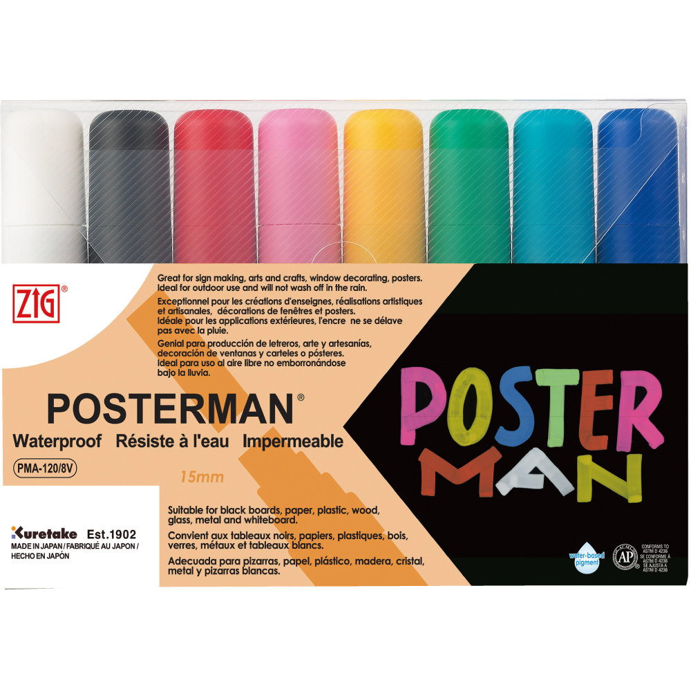 Waterproof markers - big and broad- Zig Posterman 8PK colored